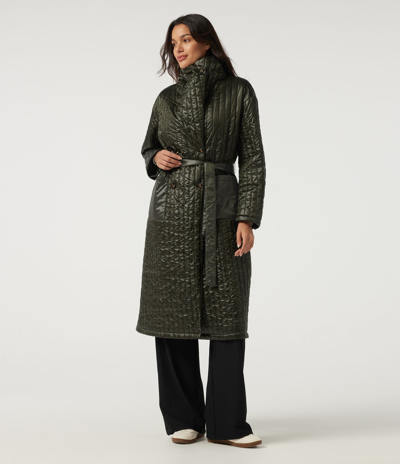Stand Collar Long Sleeve Belted Longline Work Padded Jacket with Pockets Stand Collar Long Sleeve Belted Longline Work Padded Jacket with Pockets