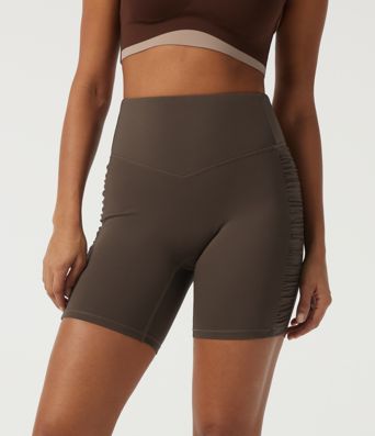 SoftlyZero™ Plush High Waisted Tummy Control Ruched Skinny Cycling Biker Shorts 7" with Pocket