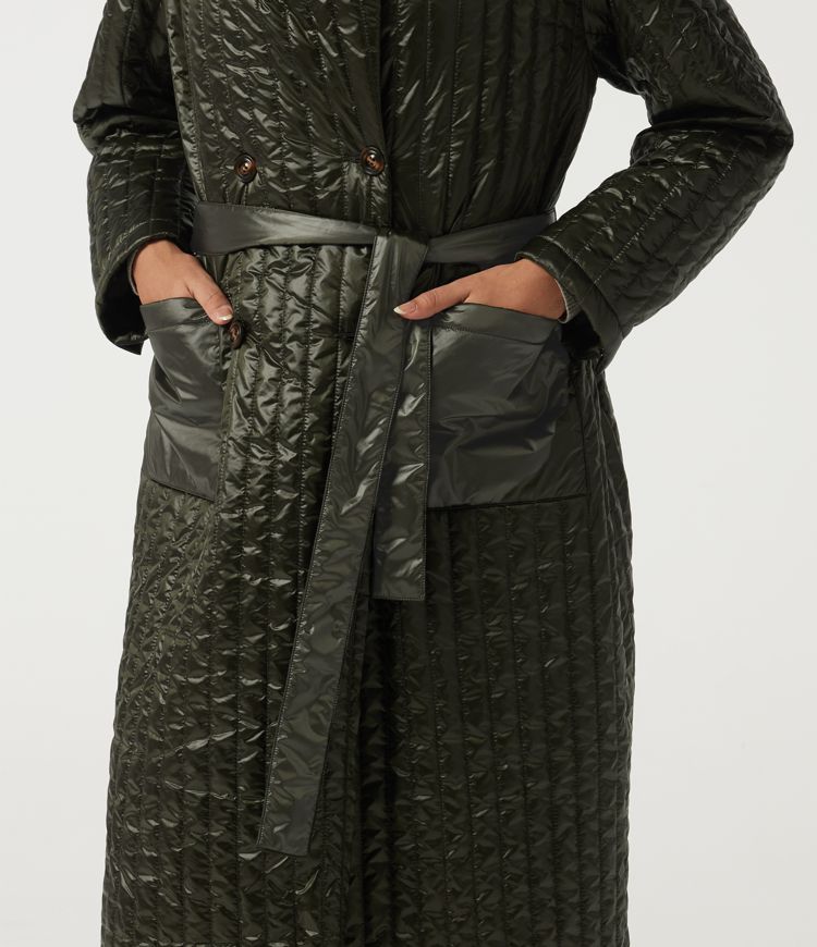 Stand Collar Long Sleeve Belted Longline Work Padded Jacket with Pockets Stand Collar Long Sleeve Belted Longline Work Padded Jacket with Pockets