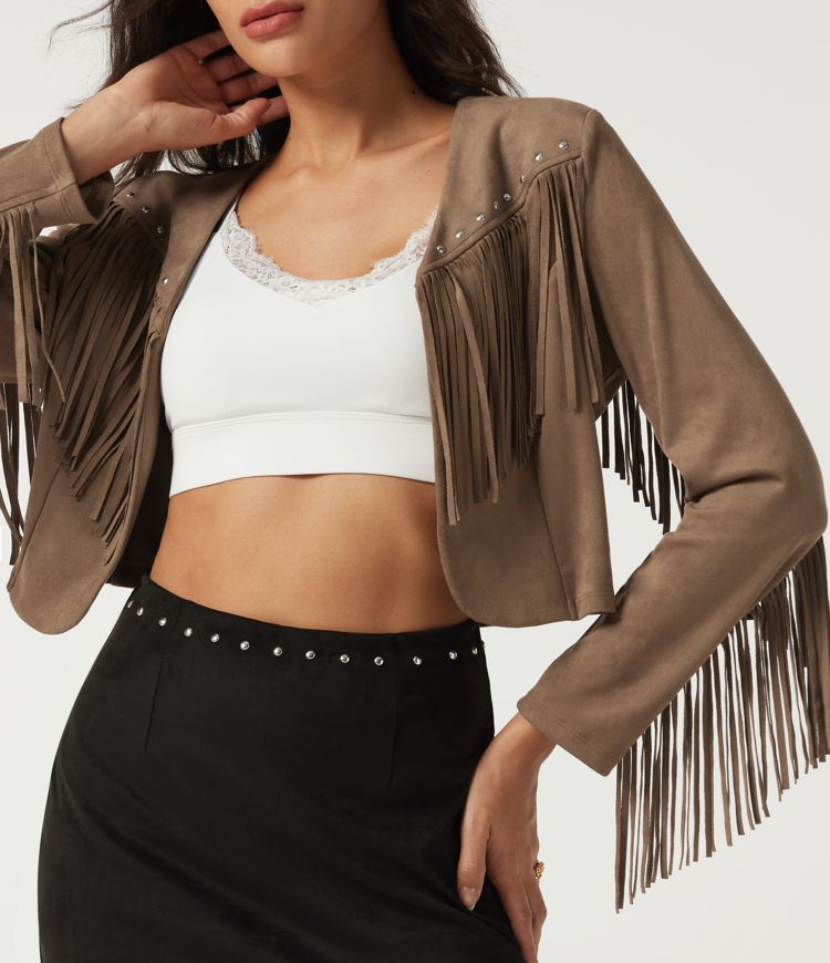 V Neck Long Sleeve Fringe Suede Casual Blazer V Neck Long Sleeve Fringe Suede Casual Blazer