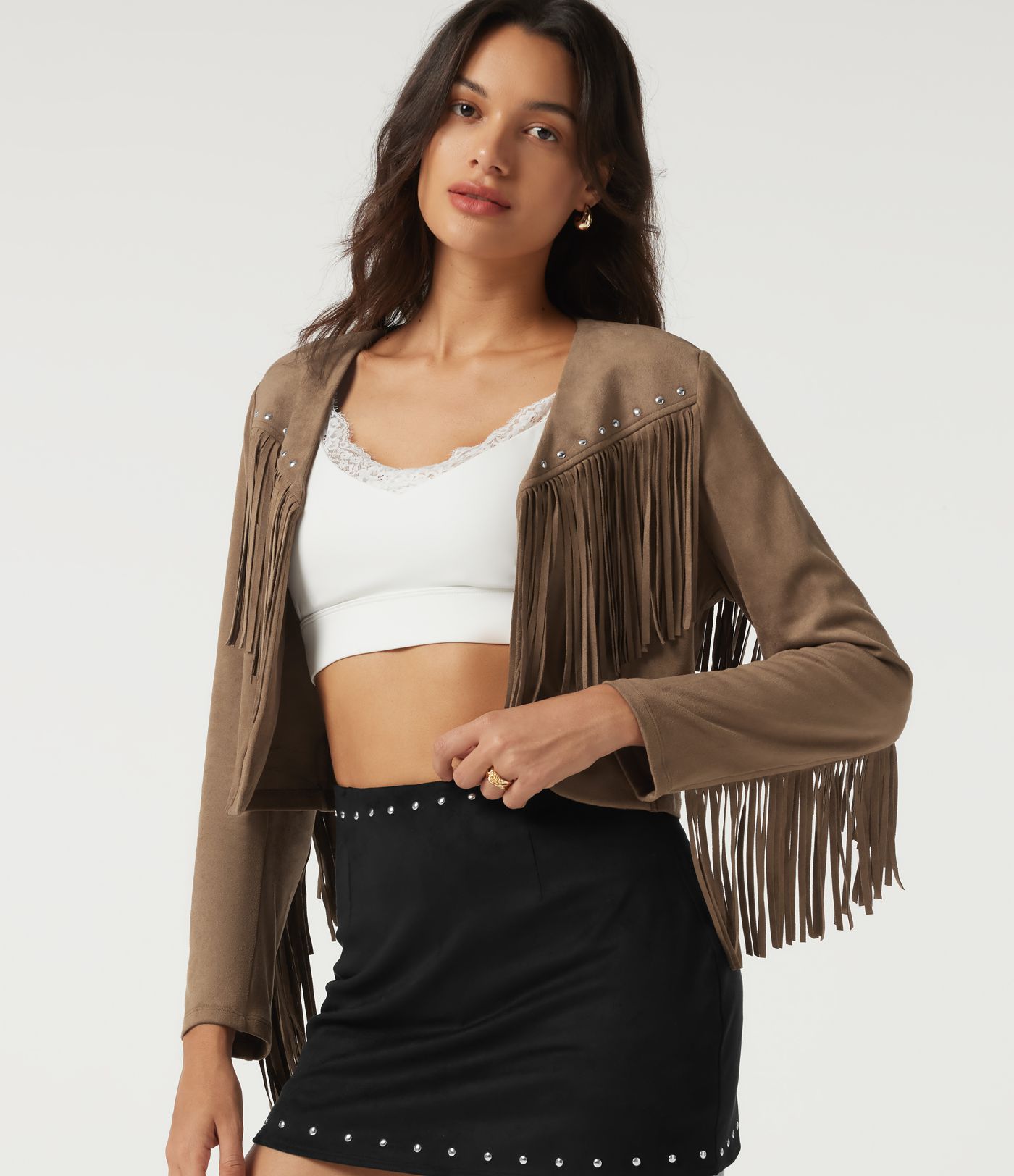 V Neck Long Sleeve Fringe Suede Casual Blazer V Neck Long Sleeve Fringe Suede Casual Blazer