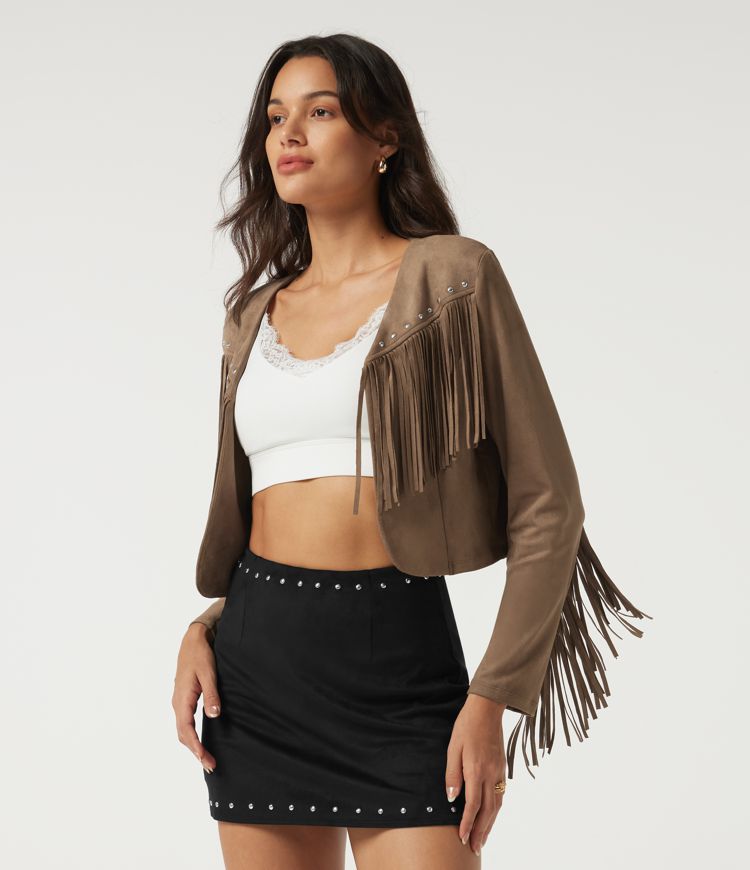 V Neck Long Sleeve Fringe Suede Casual Blazer V Neck Long Sleeve Fringe Suede Casual Blazer