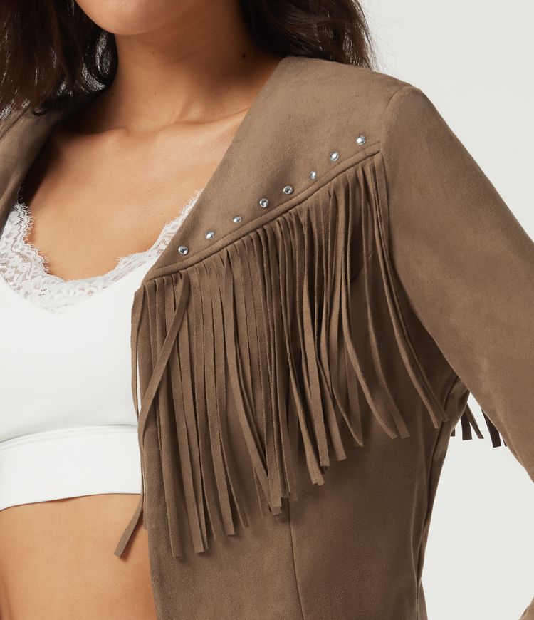 V Neck Long Sleeve Fringe Suede Casual Blazer V Neck Long Sleeve Fringe Suede Casual Blazer