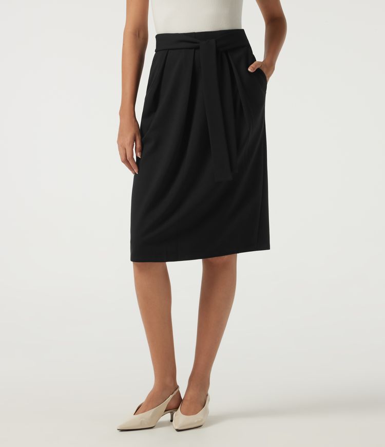 High Waisted Tie Front Work Midi Skirt with Pockets