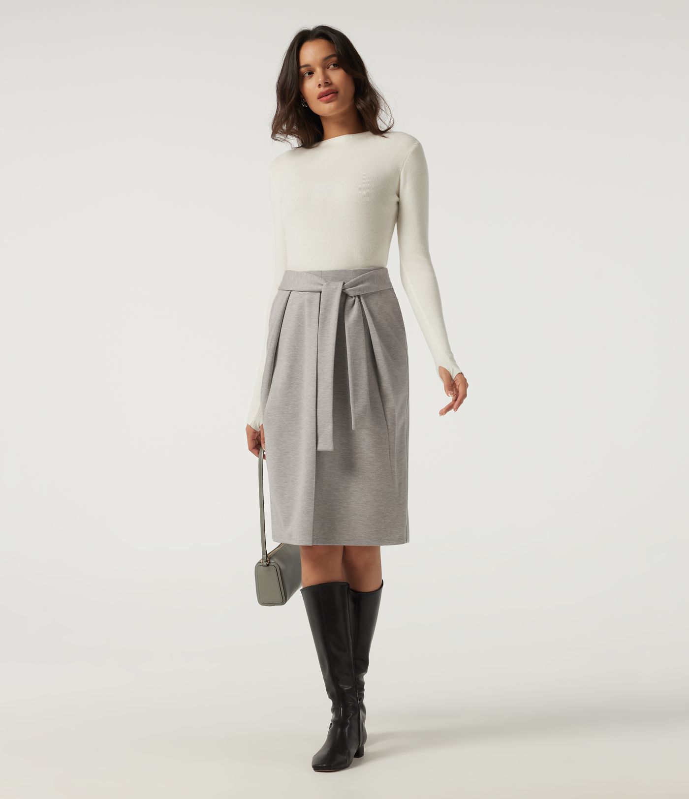 Jupe midi taille haute à nouer à l'avant pour le bureau, avec poches