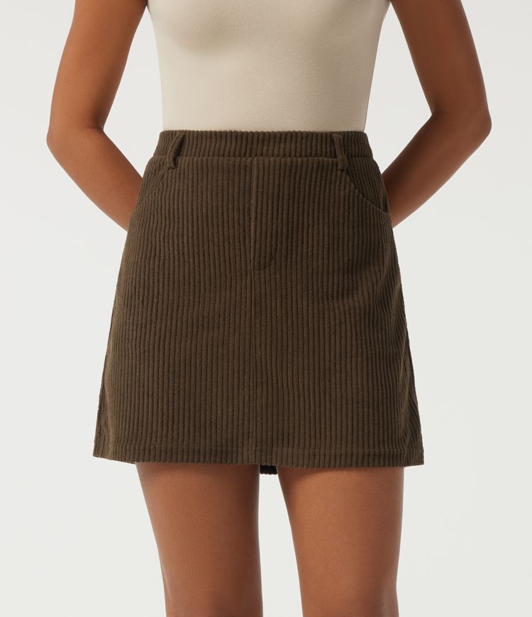 High Waisted 2-in-1 A Line Mini Corduroy Casual Skirt with Pockets
