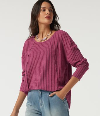 Ribbed Knit Scoop Neck Long Sleeve Ruched Curved Hem Casual Top