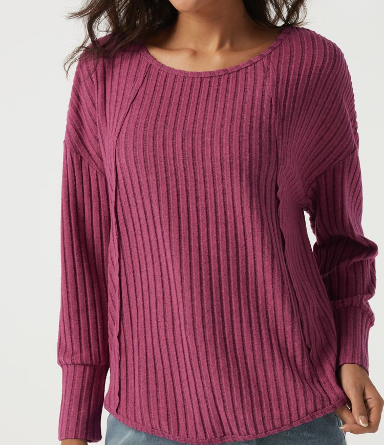 Ribbed Knit Scoop Neck Long Sleeve Ruched Curved Hem Casual Top