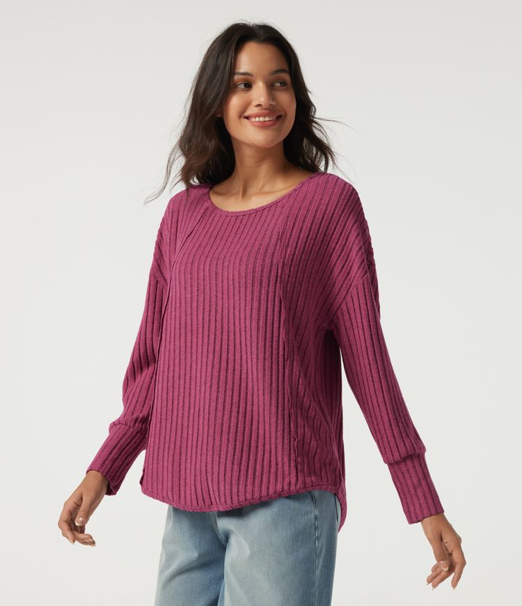 Ribbed Knit Scoop Neck Long Sleeve Ruched Curved Hem Casual Top