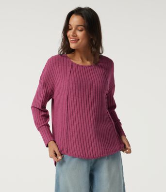 Ribbed Knit Scoop Neck Long Sleeve Ruched Curved Hem Casual Top
