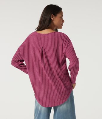 Ribbed Knit Scoop Neck Long Sleeve Ruched Curved Hem Casual Top