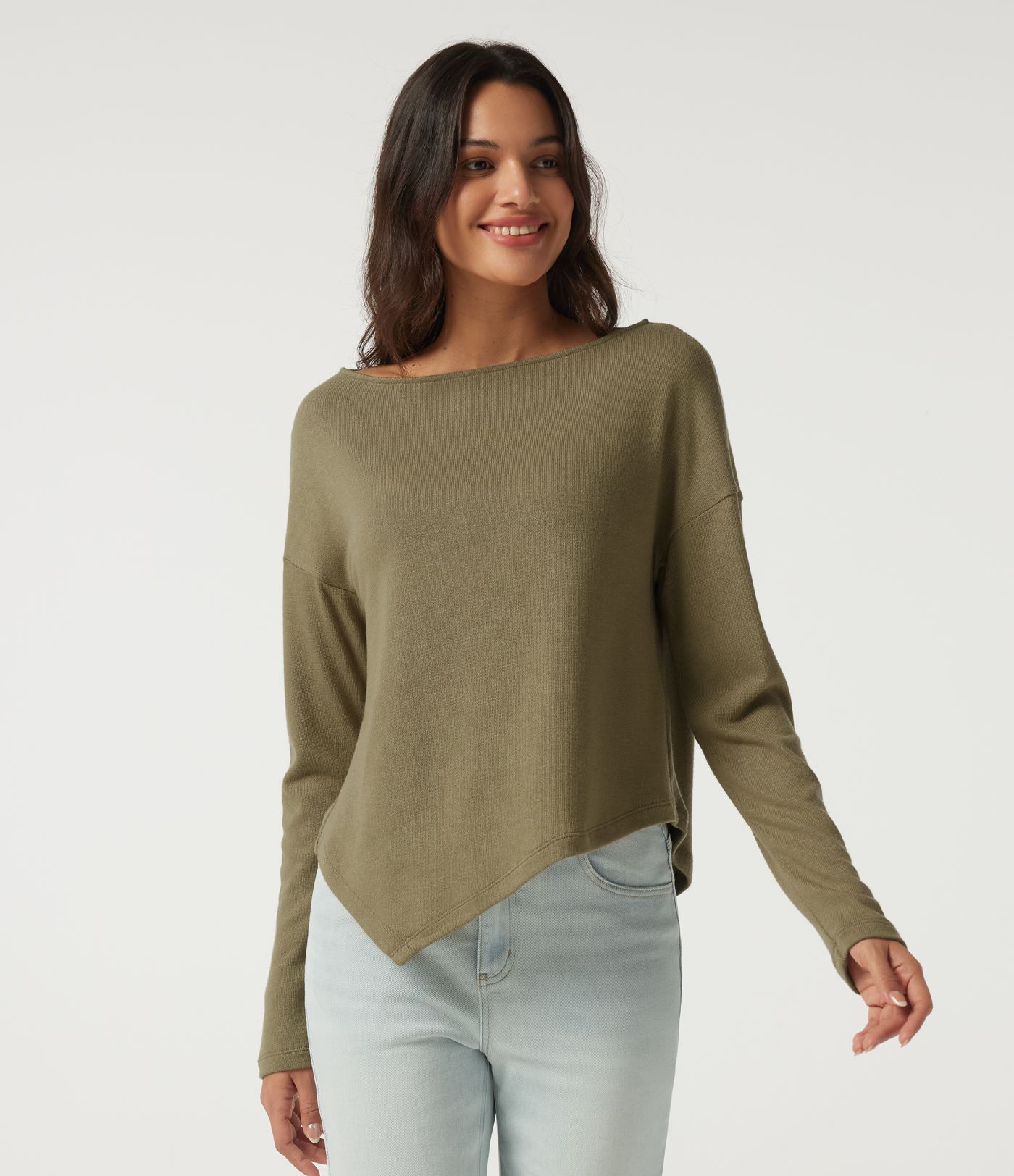 Boat Neck Long Sleeve Asymmetric Hem Casual Top
