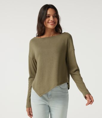 Boat Neck Long Sleeve Asymmetric Hem Casual Top