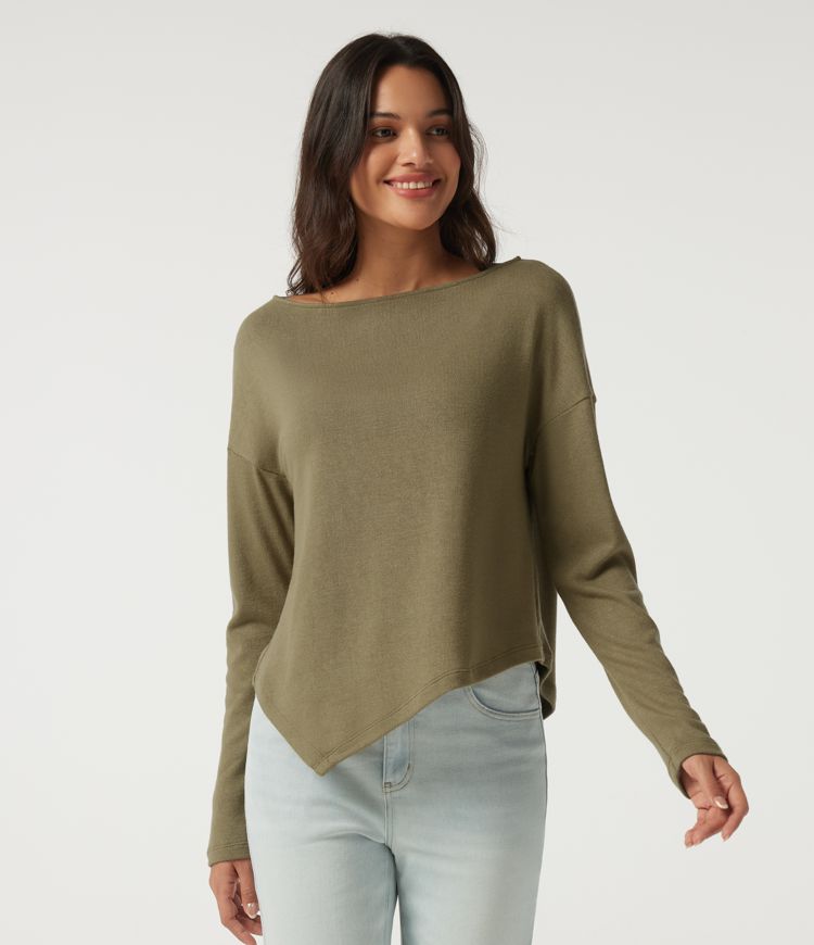 Boat Neck Long Sleeve Asymmetric Hem Casual Top
