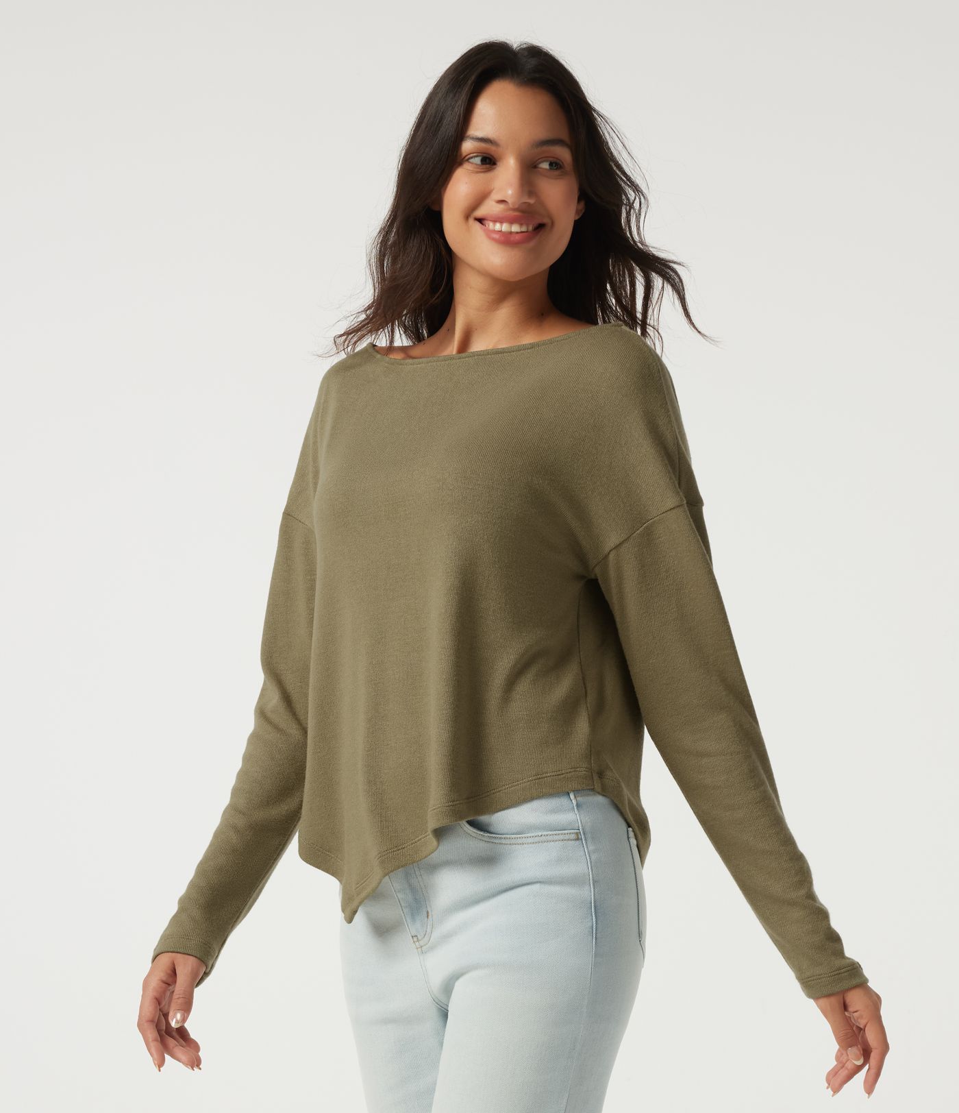 Boat Neck Long Sleeve Asymmetric Hem Casual Top