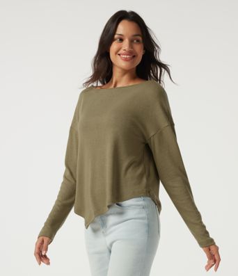 Boat Neck Long Sleeve Asymmetric Hem Casual Top
