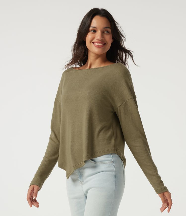 Boat Neck Long Sleeve Asymmetric Hem Casual Top