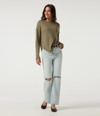 Boat Neck Long Sleeve Asymmetric Hem Casual Top