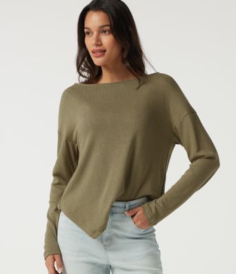 Boat Neck Long Sleeve Asymmetric Hem Casual Top