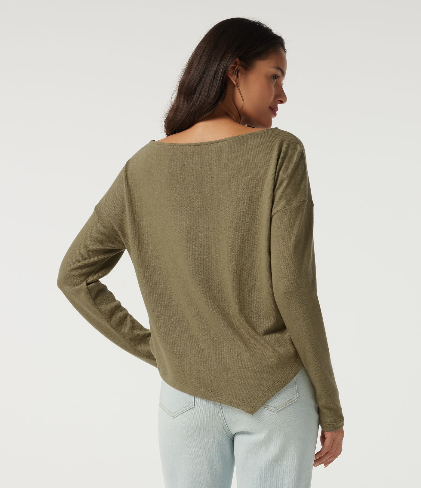 Boat Neck Long Sleeve Asymmetric Hem Casual Top