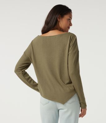 Boat Neck Long Sleeve Asymmetric Hem Casual Top