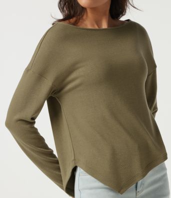 Boat Neck Long Sleeve Asymmetric Hem Casual Top