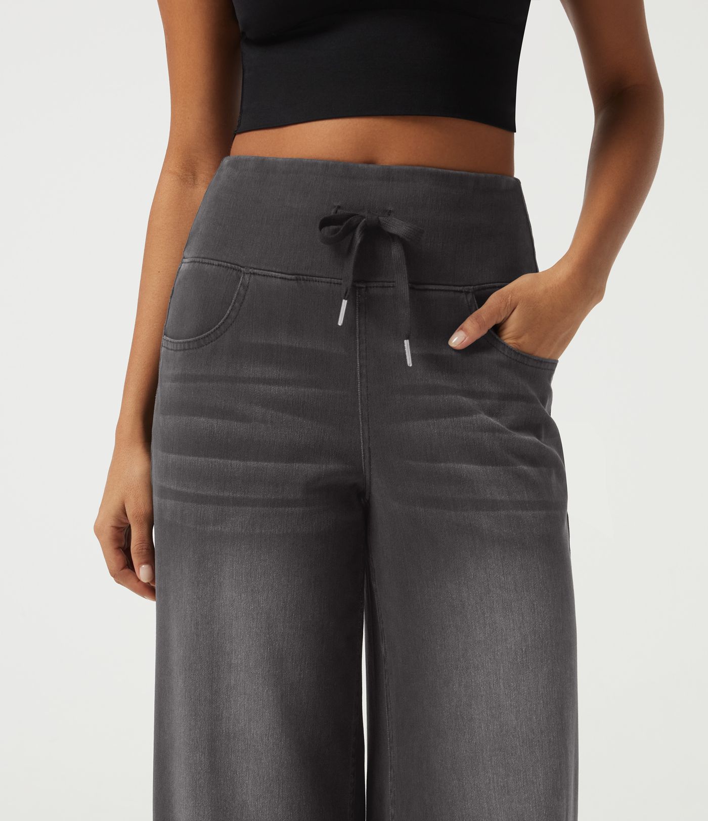 Halara Flex™ Denim hoch geschnittene, bauchformende Jeans mit Kordelzug, weitem Bein, gemustert, lässig, mit Taschen
