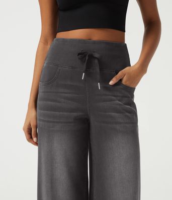 Halara Flex™ Denim hoch geschnittene, bauchformende Jeans mit Kordelzug, weitem Bein, gemustert, lässig, mit Taschen