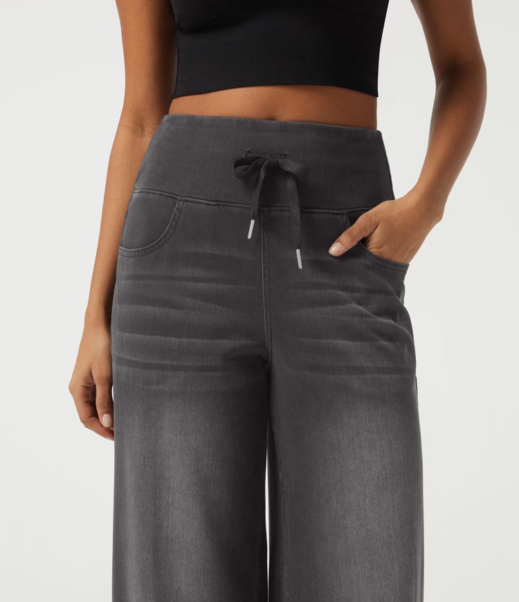 Halara Flex™ Denim hoch geschnittene, bauchformende Jeans mit Kordelzug, weitem Bein, gemustert, lässig, mit Taschen