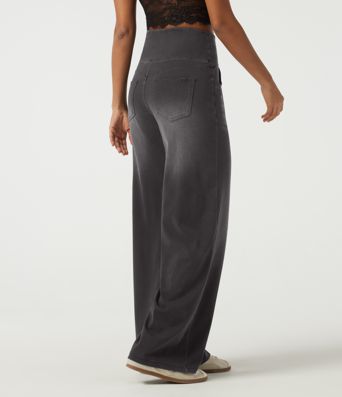 Halara Flex™ Denim hoch geschnittene, bauchformende Jeans mit Kordelzug, weitem Bein, gemustert, lässig, mit Taschen