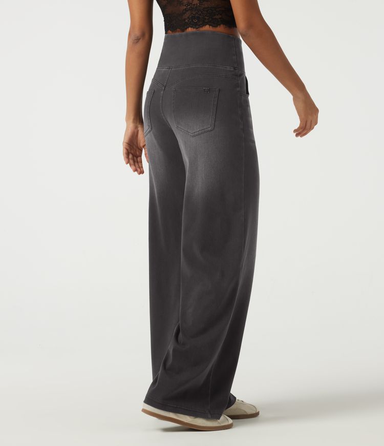 Halara Flex™ Denim hoch geschnittene, bauchformende Jeans mit Kordelzug, weitem Bein, gemustert, lässig, mit Taschen