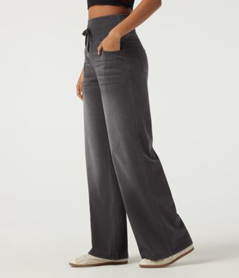 Halara Flex™ Denim hoch geschnittene, bauchformende Jeans mit Kordelzug, weitem Bein, gemustert, lässig, mit Taschen