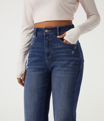Jeans casuales de algodón de tiro alto y pernera recta con bolsillos Jeans casuales de algodón de tiro alto y pernera recta con bolsillos