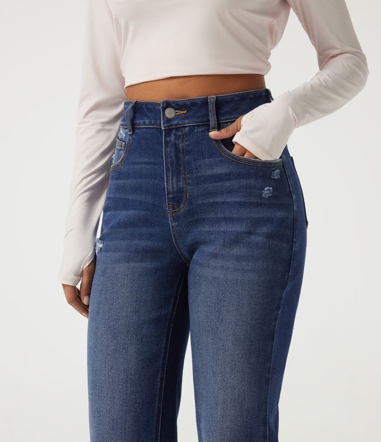 Jeans casuales de algodón de tiro alto y pernera recta con bolsillos Jeans casuales de algodón de tiro alto y pernera recta con bolsillos