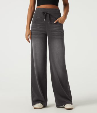 Halara Flex™ Denim hoch geschnittene, bauchformende Jeans mit Kordelzug, weitem Bein, gemustert, lässig, mit Taschen