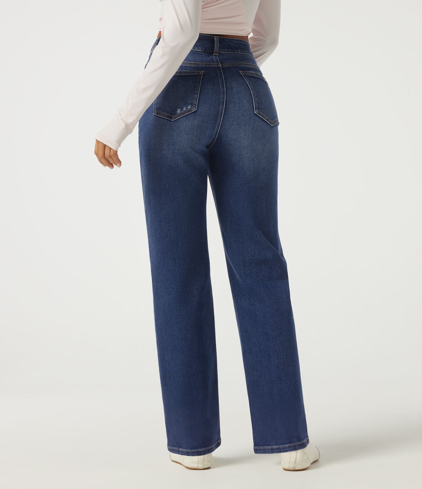 Jeans casuales de algodón de tiro alto y pernera recta con bolsillos Jeans casuales de algodón de tiro alto y pernera recta con bolsillos