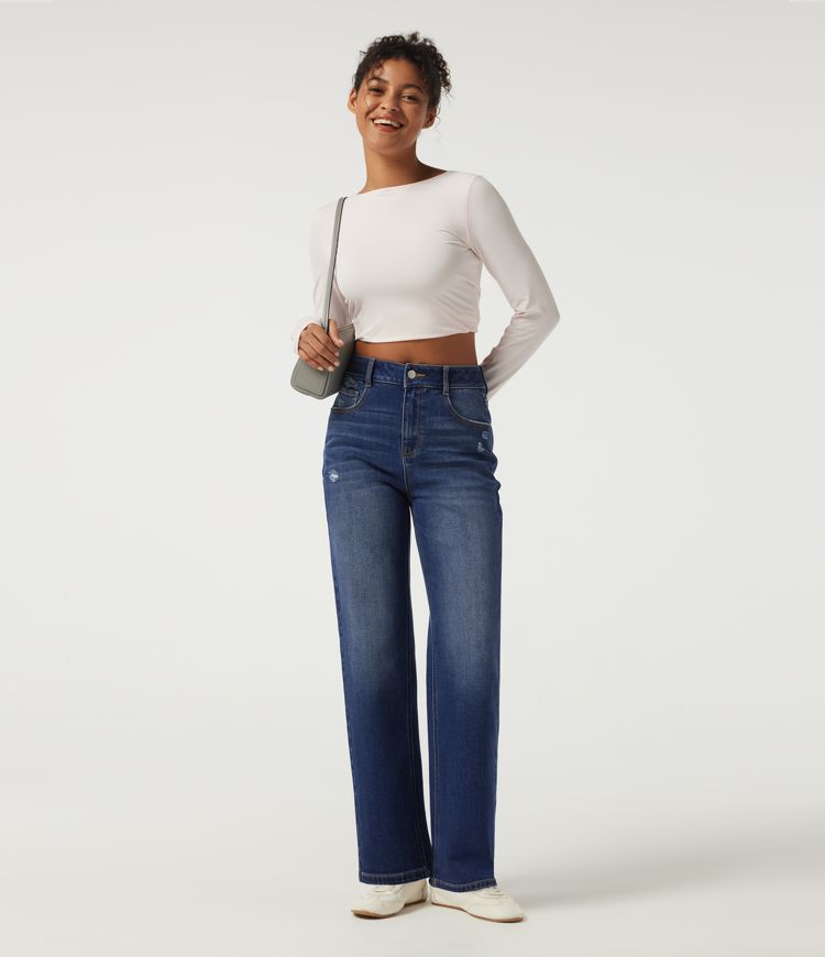 Jeans casuales de algodón de tiro alto y pernera recta con bolsillos Jeans casuales de algodón de tiro alto y pernera recta con bolsillos