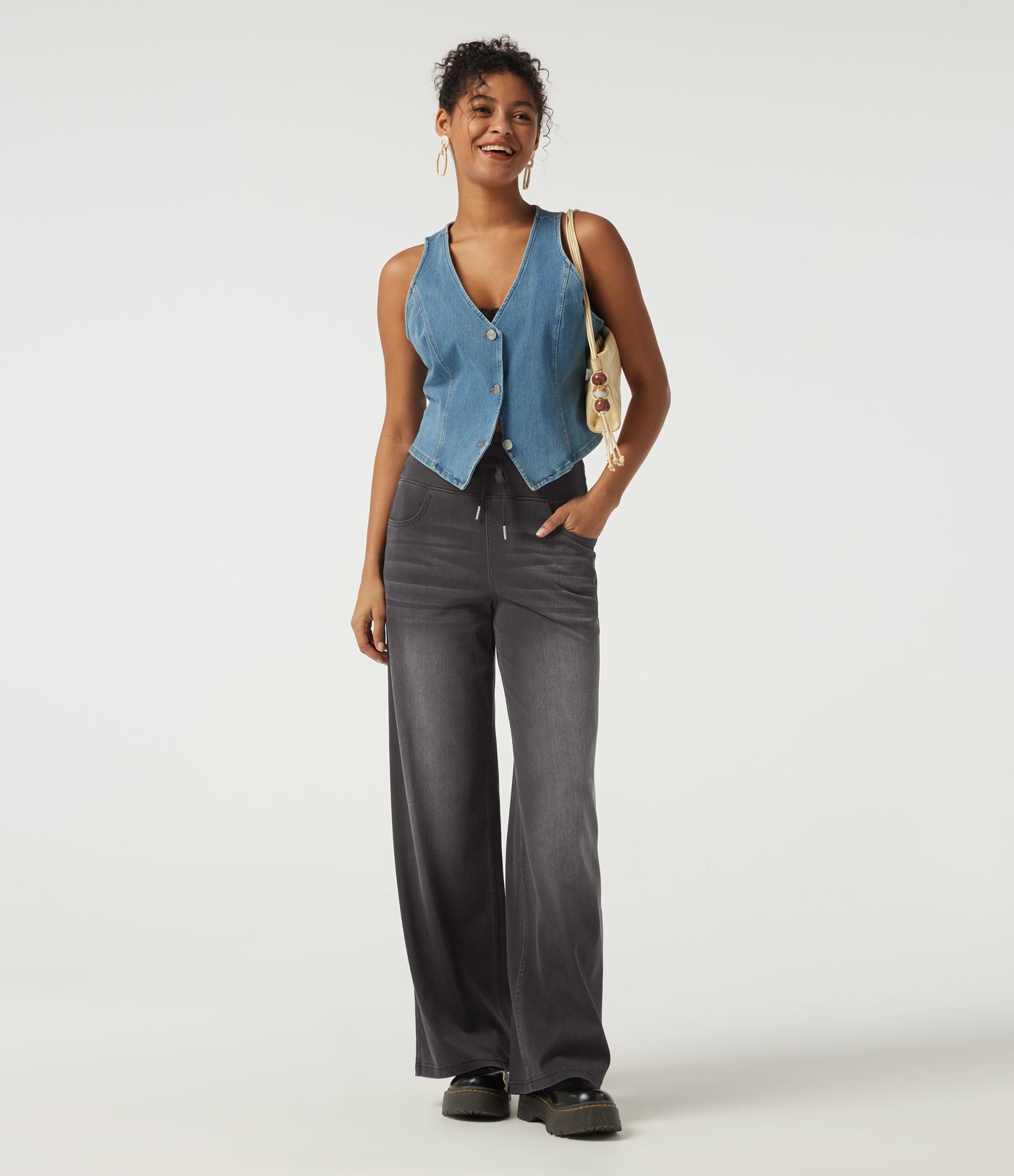 Halara Flex™ Denim hoch geschnittene, bauchformende Jeans mit Kordelzug, weitem Bein, gemustert, lässig, mit Taschen