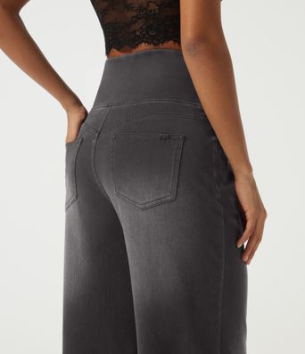 Halara Flex™ Denim hoch geschnittene, bauchformende Jeans mit Kordelzug, weitem Bein, gemustert, lässig, mit Taschen