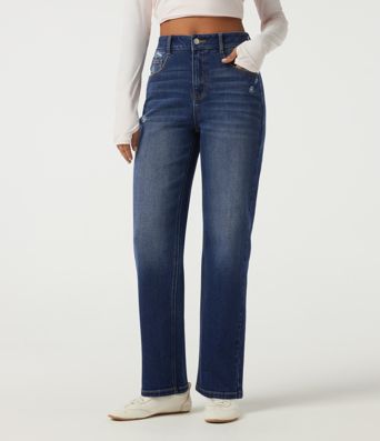 Jeans casuales de algodón de tiro alto y pernera recta con bolsillos Jeans casuales de algodón de tiro alto y pernera recta con bolsillos