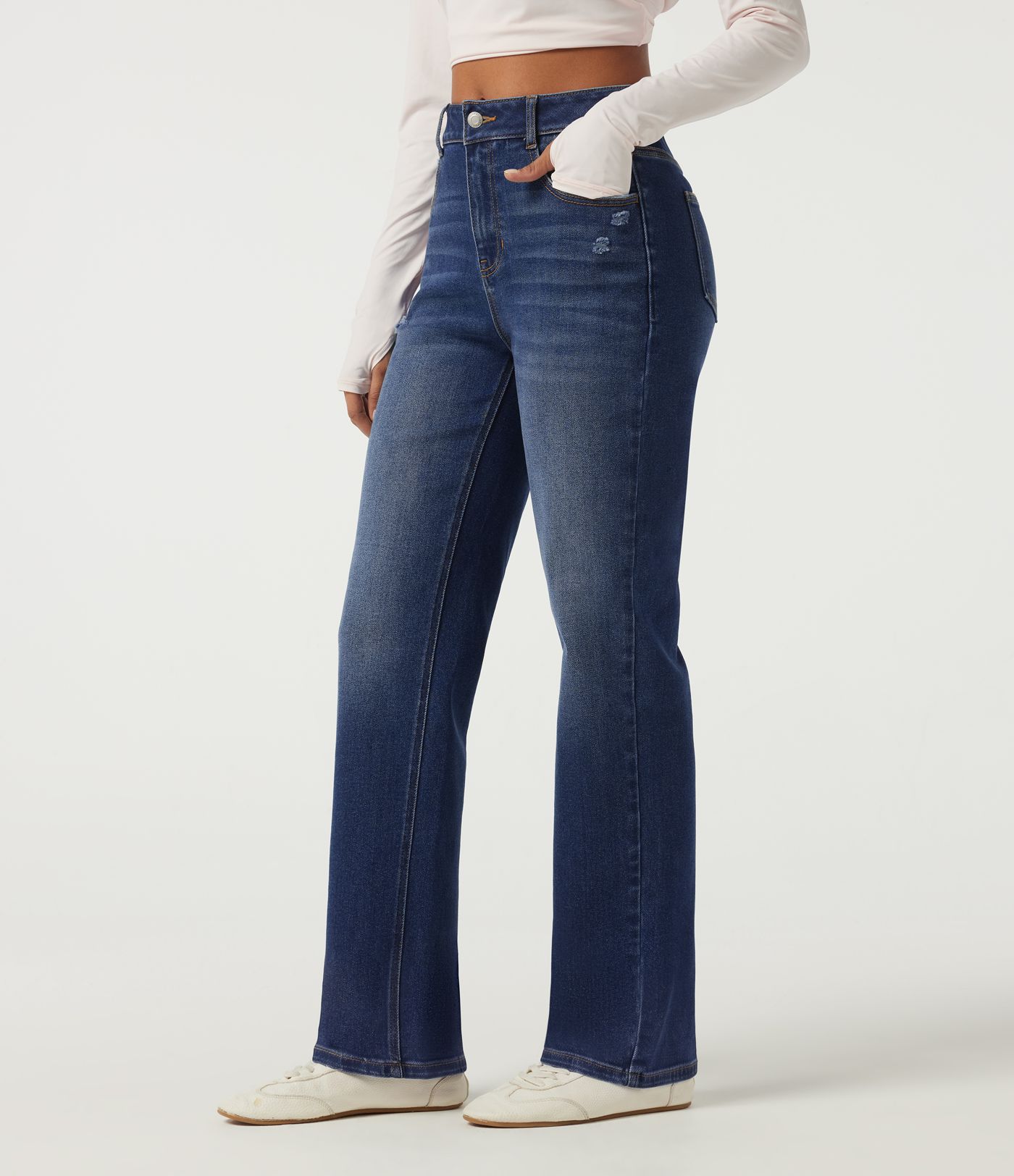 Jeans casuales de algodón de tiro alto y pernera recta con bolsillos Jeans casuales de algodón de tiro alto y pernera recta con bolsillos
