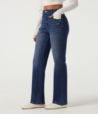 Jeans casuales de algodón de tiro alto y pernera recta con bolsillos Jeans casuales de algodón de tiro alto y pernera recta con bolsillos
