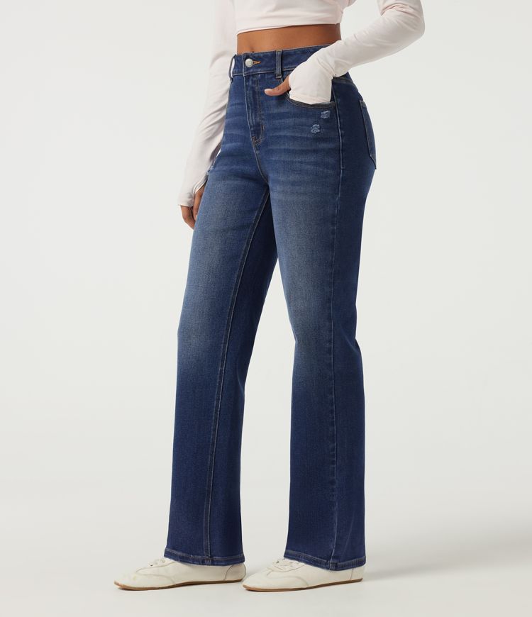 Jeans casuales de algodón de tiro alto y pernera recta con bolsillos Jeans casuales de algodón de tiro alto y pernera recta con bolsillos