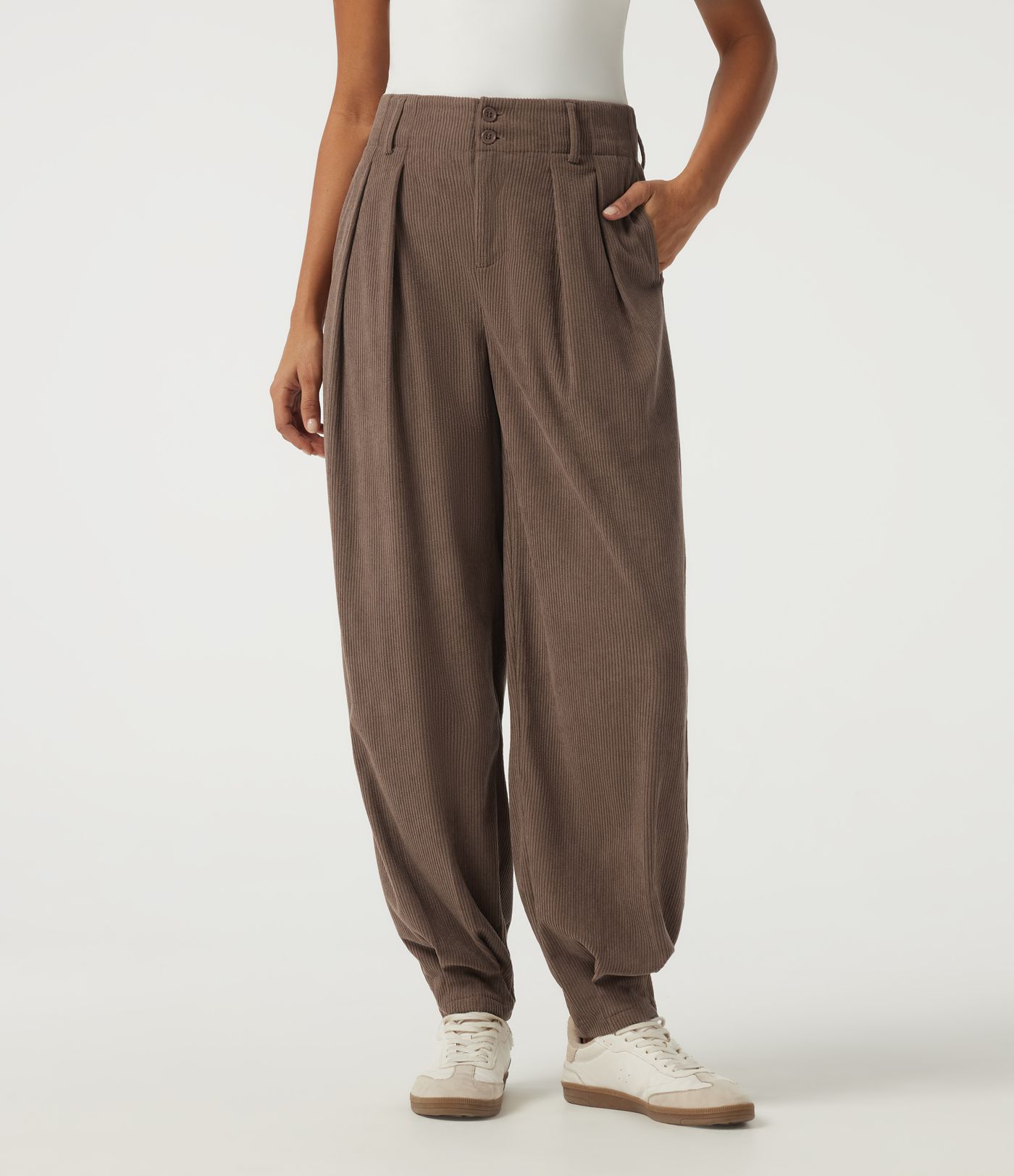 Pantalon décontracté en velours côtelé, taille haute, avec poches