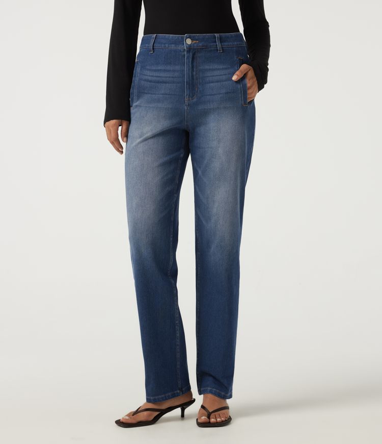 Halara Flex™ lässige Baumwoll-Jeans mit mittelhohem Bund, geradem Bein und Taschen Halara Flex™ lässige Baumwoll-Jeans mit mittelhohem Bund, geradem Bein und Taschen