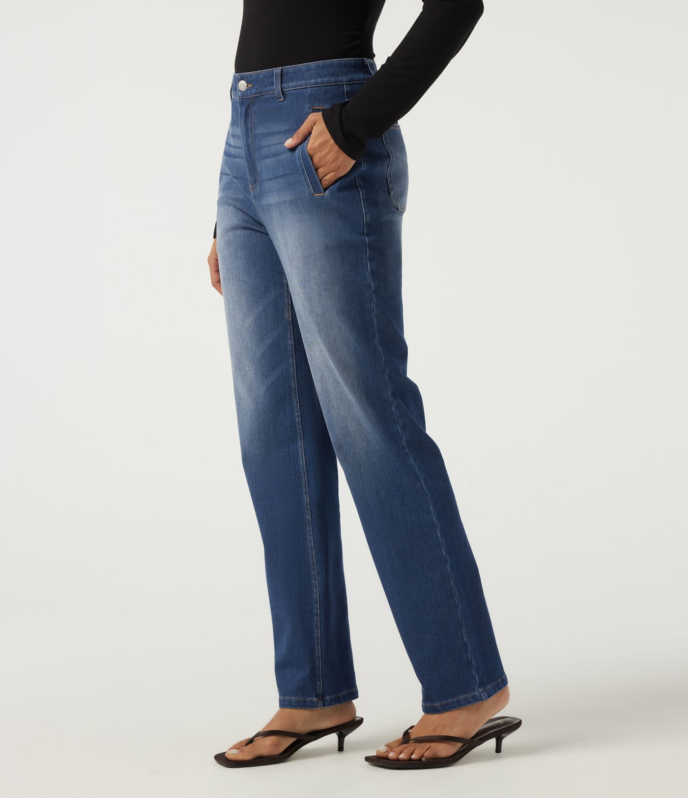 Halara Flex™ lässige Baumwoll-Jeans mit mittelhohem Bund, geradem Bein und Taschen Halara Flex™ lässige Baumwoll-Jeans mit mittelhohem Bund, geradem Bein und Taschen
