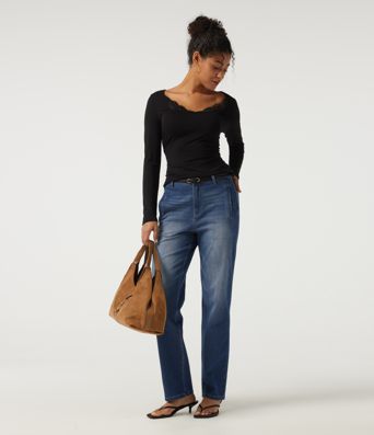 Halara Flex™ lässige Baumwoll-Jeans mit mittelhohem Bund, geradem Bein und Taschen Halara Flex™ lässige Baumwoll-Jeans mit mittelhohem Bund, geradem Bein und Taschen