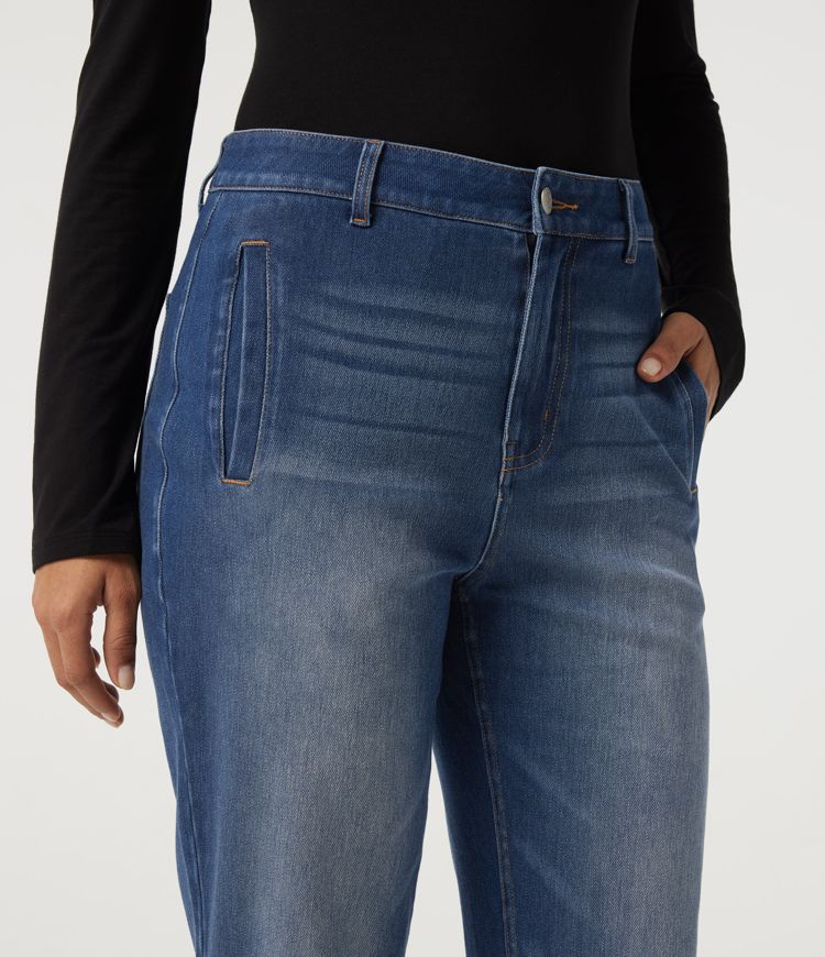 Halara Flex™ lässige Baumwoll-Jeans mit mittelhohem Bund, geradem Bein und Taschen Halara Flex™ lässige Baumwoll-Jeans mit mittelhohem Bund, geradem Bein und Taschen