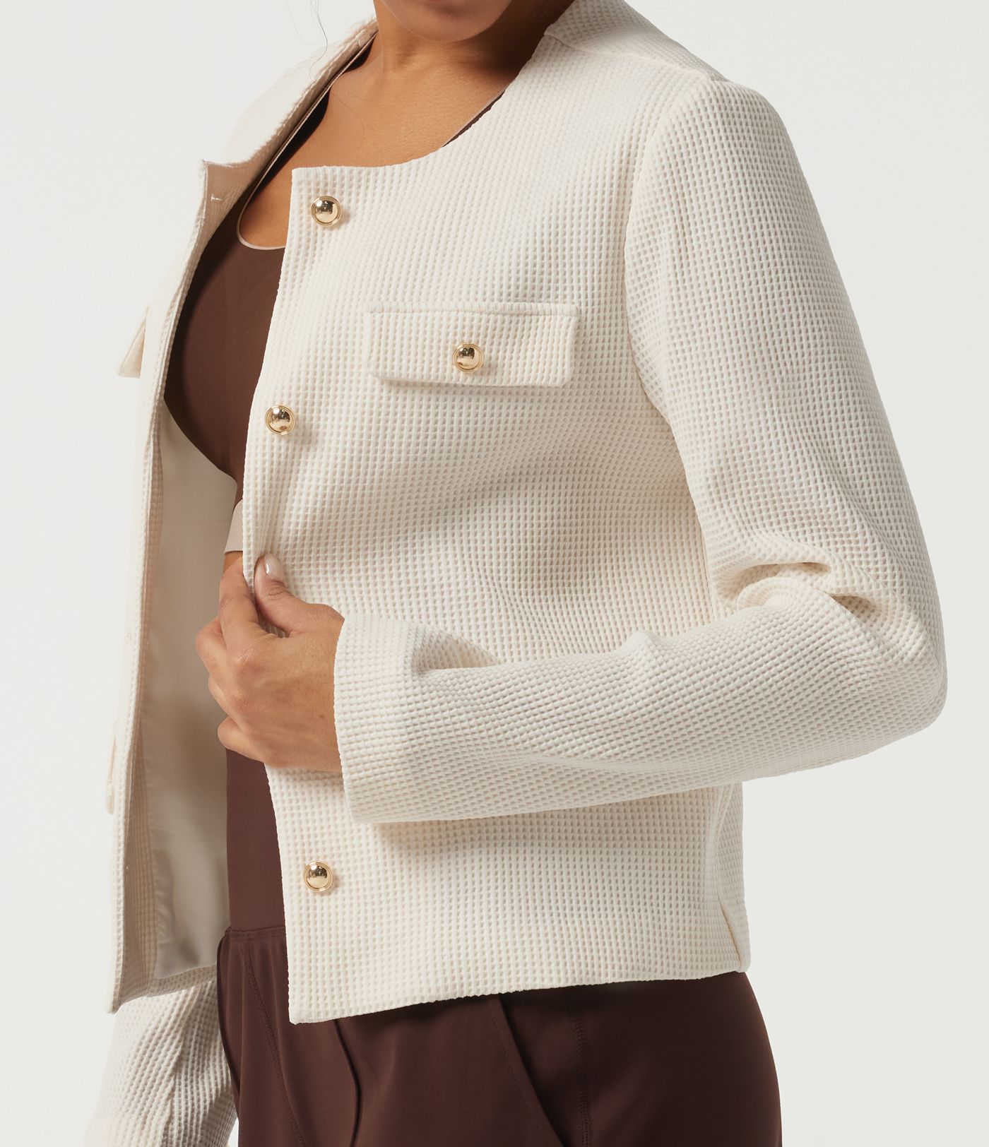 Round Neck Long Sleeve Waffle Casual Jacket