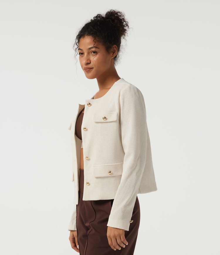 Round Neck Long Sleeve Waffle Casual Jacket